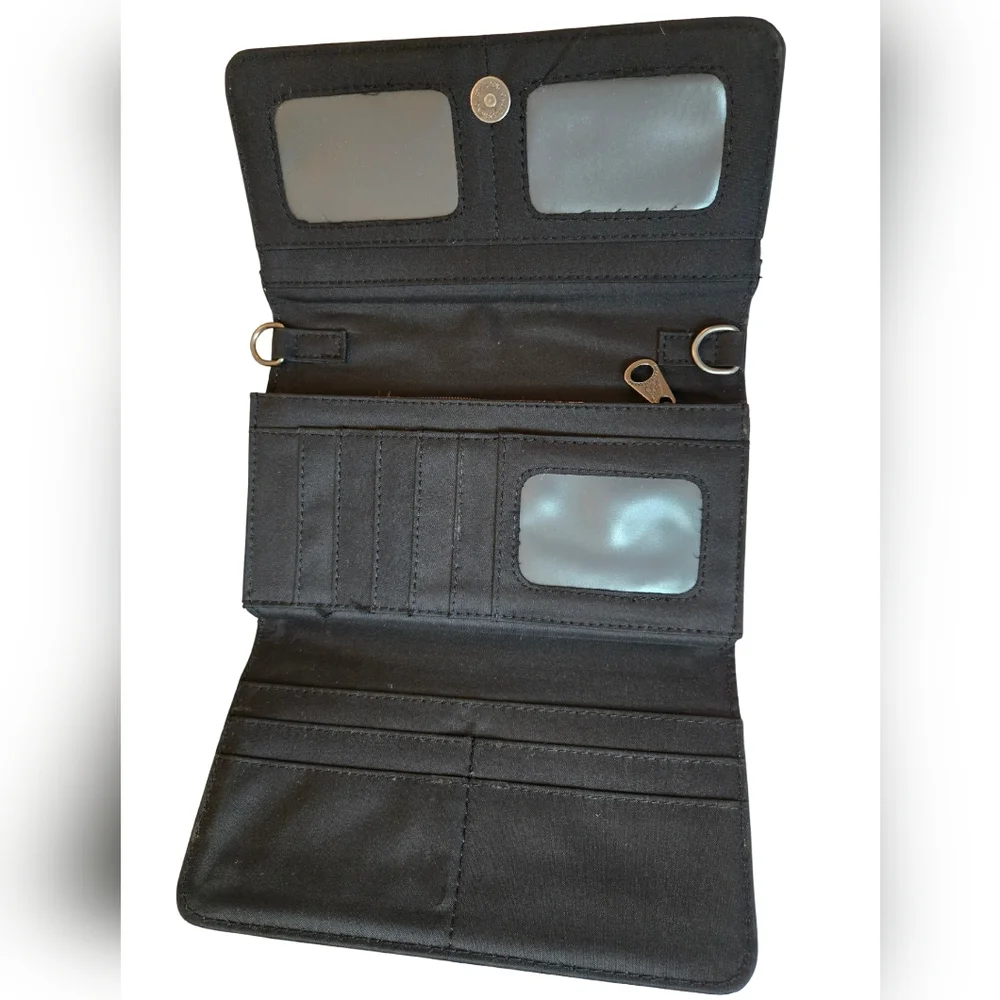 American Bling Western Black Faux Leather Wallet Turquoise Concho‎ Embellishment